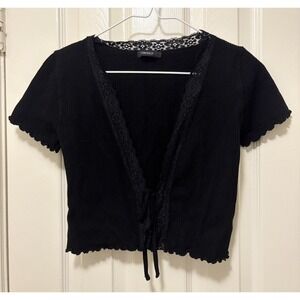 Forever 21 Cardigan Open Tie-Front Short Sleeve Ribbed Black XS/S